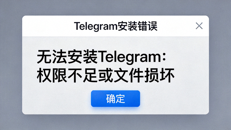 Telegram电脑版安装错误提示截图 - 显示权限不足或文件损坏的对话框