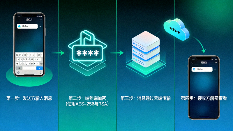 Telegram端到端加密技术原理示意图 - 展示消息从发送到接收的加密解密过程