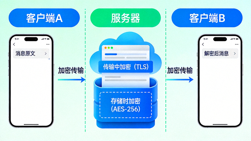 Telegram云聊天客户端-服务器-客户端加密流程图示 - 展示数据在传输和存储时的加密状态