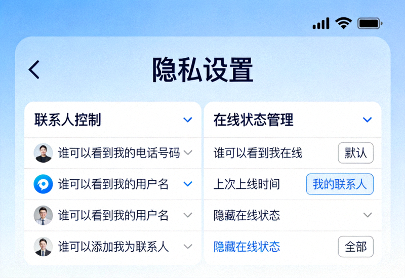 Telegram中文版隐私设置页面截图 - 展示联系人控制和在线状态管理选项