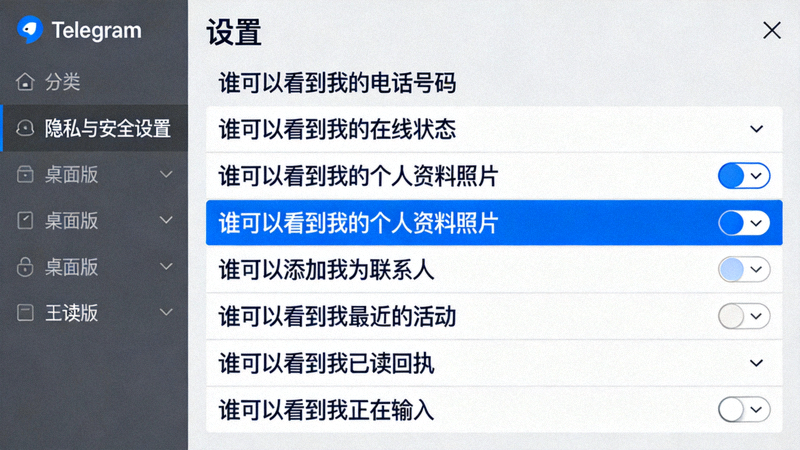 Telegram桌面版隐私与安全设置菜单截图 - 展示各项隐私控制选项