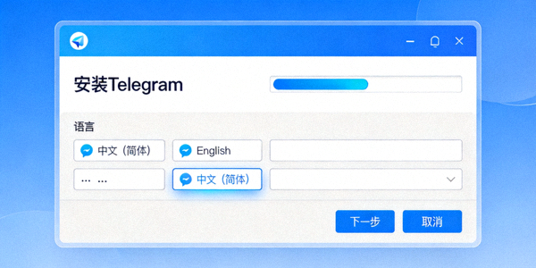 Telegram桌面中文版安装过程截图 - 显示安装向导和语言选择界面